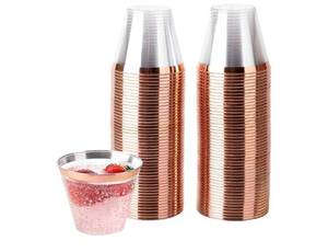 lot 16987 image: 9 oz Disposable Plastic Party Cups,Old fashioned Designed Tumblers, Crystal Clear (Clear With Rose Gold Rim, 100) - Retail $21