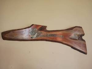 lot 902 image: Handcrafted Wolf Painted Wood Wall Art    38 x 13