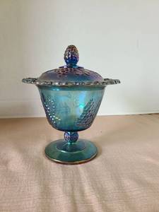 lot 1007 image: Iridescent Blue Carnival Glass Covered Candy Dish