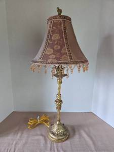 lot 1015 image: Brass Table Lamp with Fabric Shade and Crystal Accents, 26in tall