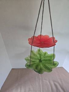lot 1016 image: Glass Hibiscus Flower Hanging Bird Feeder with Chains