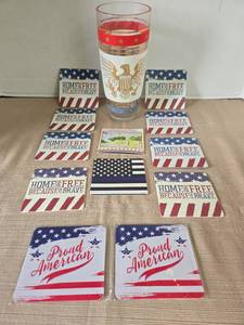 lot 1035 image: Mid Century Gold Eagle red white and blue cocktail shaker missing the top, plus patriotic coasters