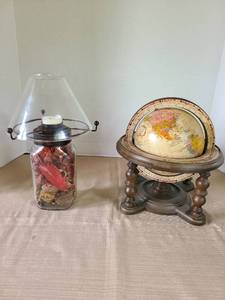lot 1042 image: Desktop globe on wooden stand m, 10in tall, and  a glass dome tealight holder
