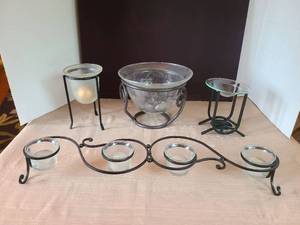 lot 1051 image: Glass and Metal Candle Holder Set with Decorative Bowl