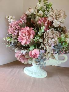 lot 1054 image: White Decorative Urn Planter with Artificial Flower Arrangement, 24in tall