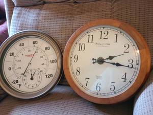 lot 1058 image: Wall Clock and Thermometer Set - Sterling & Noble and Timex, 10-11 diam.