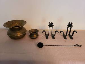 lot 1100 image: Brass spittoon set with black metal candlesticks and candle snuffer