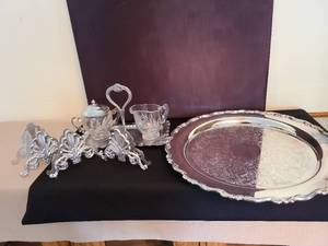 lot 1117 image: Silver Plated Tea Service Set with Decorative Serving Tray and Display Stands