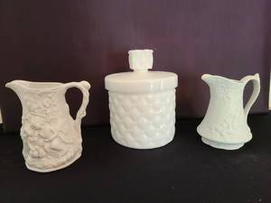 lot 1120 image: White Milk Glass Canister, 2 Porcelain Pitchers from England