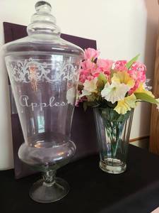 lot 1125 image: Apothecary apple jar, 21in  and vase with faux flowers.