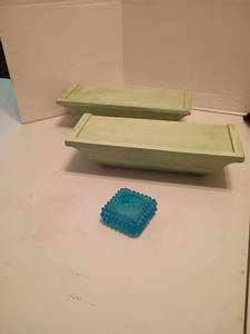 lot 1326 image: 2 Floating Shelves, 4 x 12 x 5  and Blue Hobnail Square Candle Holder, 1 x 3 x 3