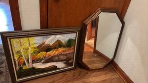 lot 1364 image: Framed Autumn Mountain Landscape Painting with Octagonal Wood Mirror 31x27