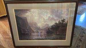 lot 1365 image: Mountain Landscape Print in Wooden Frame - Glacier Lake