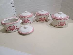 lot 1413 image: Pink Heart Spongeware Stoneware Canister Set with Lids