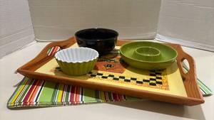 lot 1428 image: Kitchen Serving Set with Wooden Tray and Ceramic Bowls and Placemats