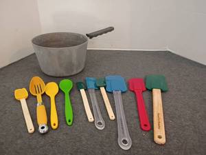lot 1512 image: Cooking Pot with Silicone Scrapers, Spoons and More