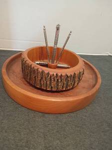 lot 1543 image: Handcrafted Wood Bark Edge Bowl with Metal Nutcracker Picks Set