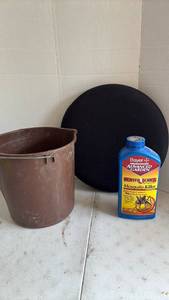lot 4312 image: Bucket with Swivel Seat Cushion and Bayer Mosquito Killer Both are half full