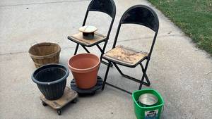 lot 4350 image: Two Vintage Metal Folding Chairs with Two Rolling Wood Pot Dollies and more