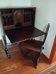 lot 926 image: 1930 to 1935 Antique Italian Writing Desk.  Solid Wood, Burl Inlay and Carved.   Comes with Chair and Key.  Desk 42 x 28 x 15, closed.   Desk opened 42 x 28 x 26.   Chair 35 x 13 x 15