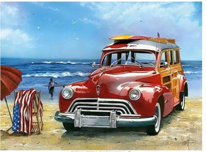 lot 561 image: Retro Woodie Car with Surfboards on Beach time sign 16x12