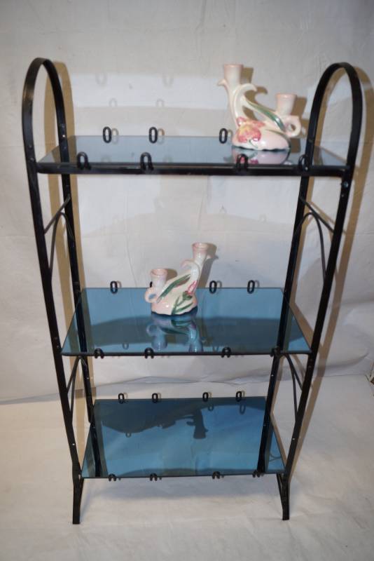lot 6199 image: Small Shelving Unit with Glass Shelves (Comes with 2 sets Mirrored Black or Clear Glass) - contents not included