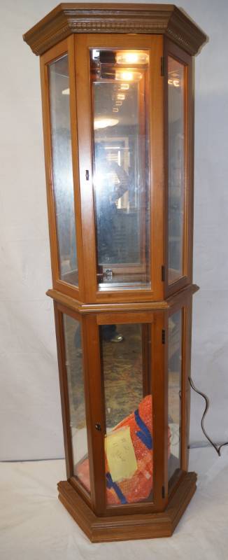 lot 6201 image: Pretty , Tall lighted Wood and Glass Curio Cabinet - Glass shelves included - see pics for measurements - Nice