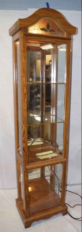 lot 6202 image: Pretty , Tall lighted Wood and Glass Curio Cabinet - Glass shelves included - see pics for measurements - Nice