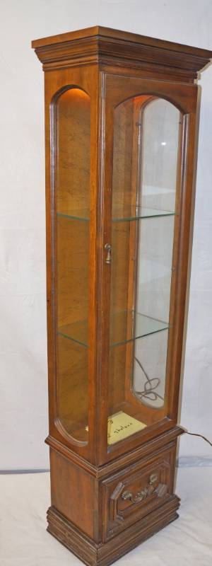 lot 6204 image: Pretty , Tall lighted Wood and Glass Curio Cabinet - Glass shelves included Door below for storage- see pics for measurements - Nice