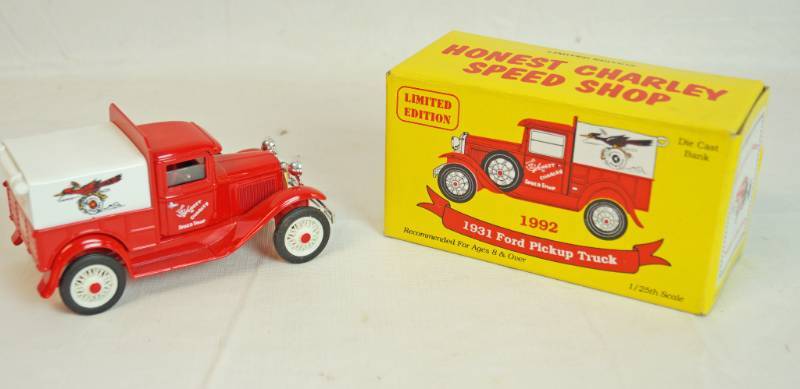 lot 6239 image: The Eastwood Company - Die Cast Metal Coin Bank -1931 Ford Pickup Truck-Honest Charley Speed Shop w original box - Rubber Tires 1992
