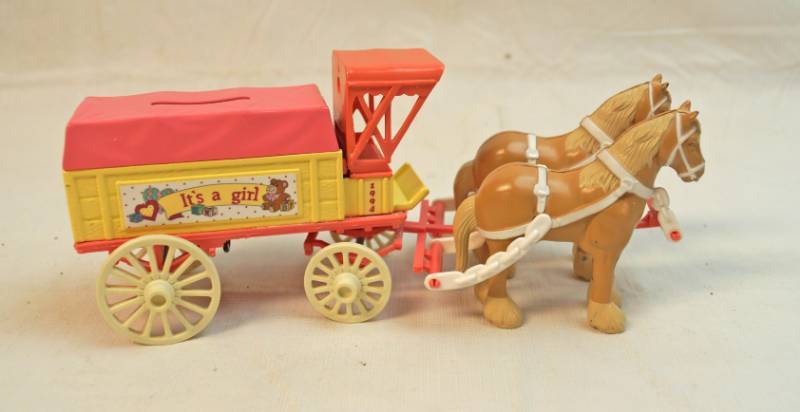 lot 6274 image: Collectible- Horses with cart-Its a Girl coin bank with key-see pics for more info