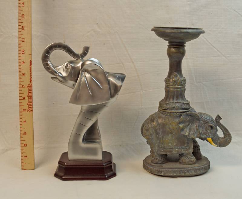 lot 6280 image: Two unique elephant statues- Great conversation pieces See pics for markings and size.