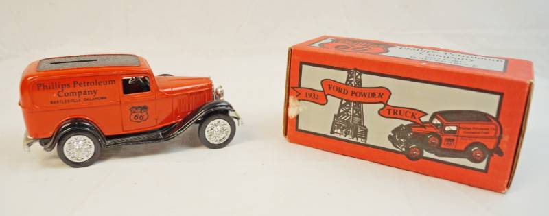 lot 6291 image: ERTL Collectible- 1932 Phillips 66 Ford Powder Truck-Die cast locking coin bank with key- in original box-Collector Series number 2-Stock number 9121 -1991