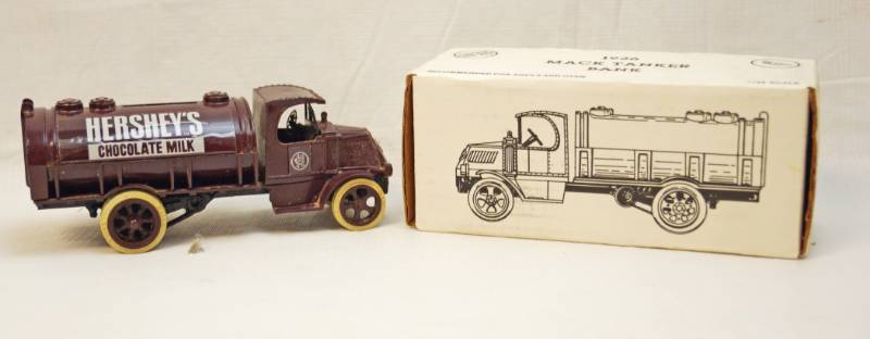 lot 6298 image: ERTL collectible -Die Cast- 1926 Hersheys Chocolate Milk Mack Tanker Bank with key-in original box-138th scale-1989-stock number 1349