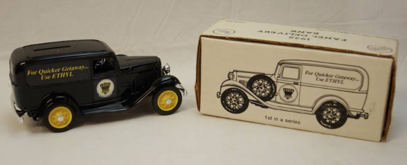 lot 6300 image: ERTL Collectible- 1932 Ethyl Panel delivery Truck-Die cast locking coin bank with key- in original box- 1991-Collector Series number 1-Stock number 9898 -