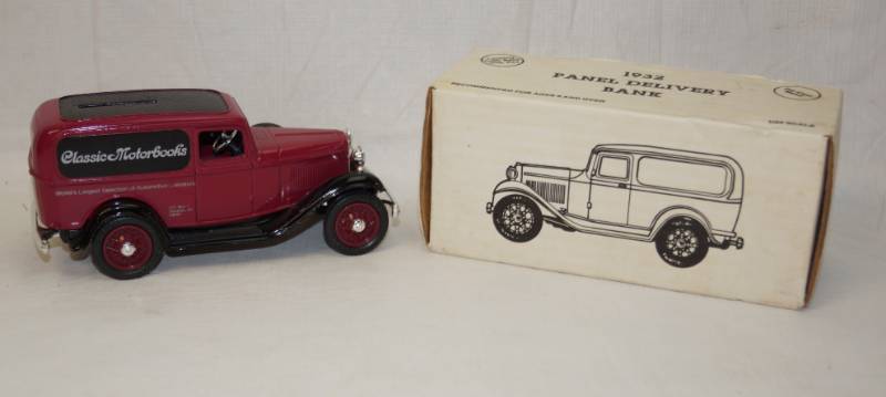 lot 6301 image: ERTL Collectible- 1932 Classic Motorbooks Panel delivery Truck-Die cast locking coin bank with key-125th scale- in original box- 1991-Collector Series number 1-Stock number 9883
