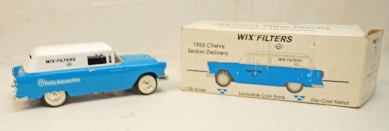 lot 6311 image: OReilly-Wix Filters collectible -Die Cast- 1955 Chevy Sedan lockable bank--in original box- 125th scale model- -stock number 50011-Nice-3rd in a series