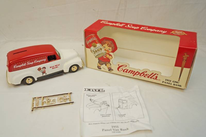 lot 6327 image: ERTL Collectible-Campbells Soup Company -1951 GMC Panel bank with key-in original box-125th scale -rubber tires-1995 -Stock number F015