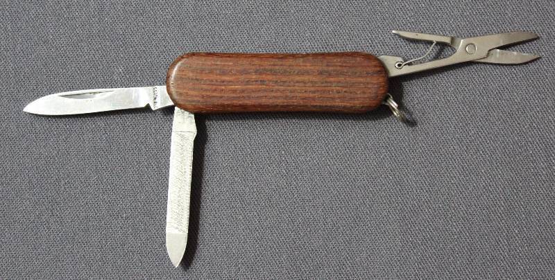 lot 9061 image: 2.25 Wood Folding Multi-Tool Pocket Knife with Key Ring.