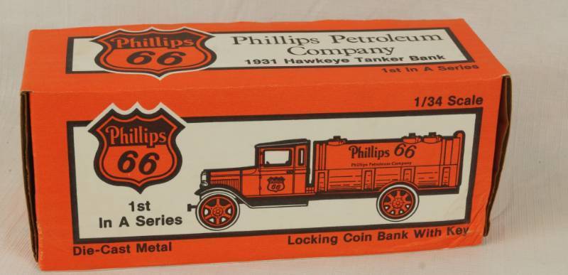 lot 2074 image: ERTL - Truck Coin Bank - Phillips 66 Petroleum Company - 134 scale 1931 Hawkeye Tanker w KEY - NEW IN BOX 0461