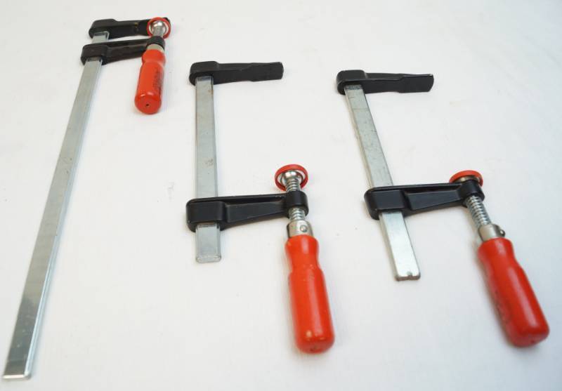 lot 5049 image: Bessey F style clutch bar clamps-set of three-two small ones marked M2 012 see pics for details-great for woodworking