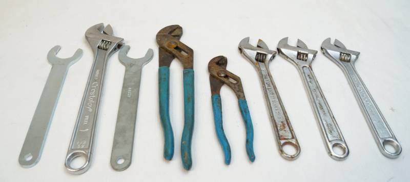 lot 5051 image: Lot of eight tools-four adjustable crescent wrenches-marked- Ridgid ,Ridge Tool, Crestology, Task Force-two grooved joint pliers -see pics for sizes and condition