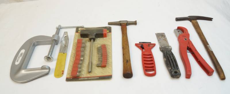 lot 5054 image: Large lot of misc hand tools-C clamp, putty scrapers, socket set, hammers, and more See pics for more details-Handy to have around the house
