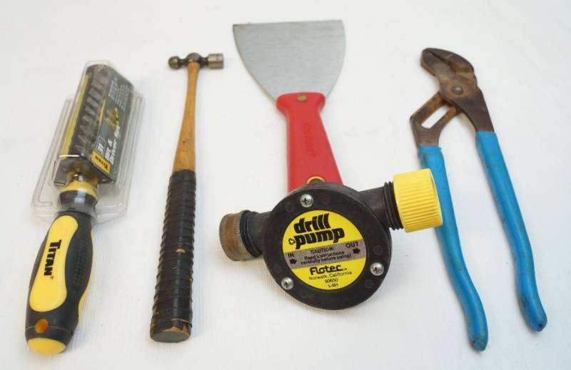 lot 5056 image: Lot of five hand tools-Titan 31 piece bit and driver set-new in package-Flo tec drill pump-Red Devil patching knife 4 -ball pein hammer-pliers