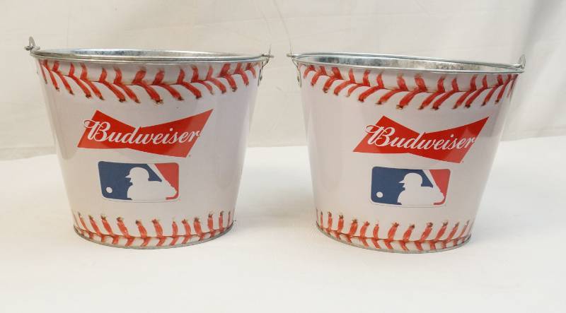 lot 6347 image: Two Budweiser metal peanut buckets -baseball-see pics for condition