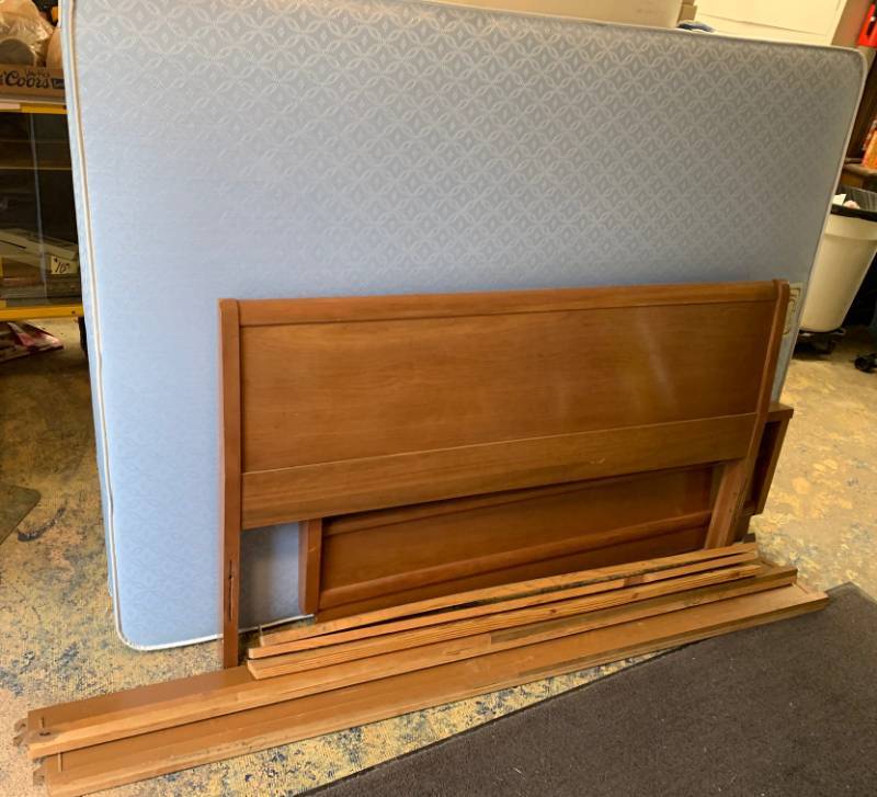 lot 9482 image: Nice Wooden Bed - headboard, foot board, side rails and mattress - Nice Bed - See pics for measurements