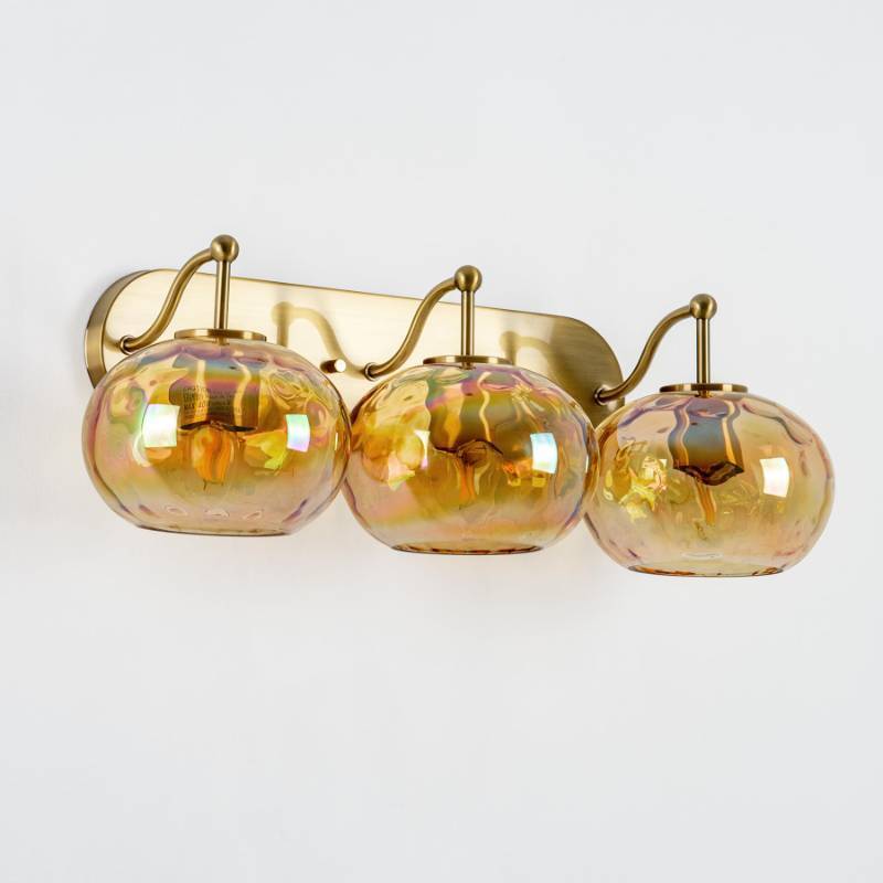 lot 2415 image: Wrlmfy 23 Brushed Gold Vanity Light Stained Amber Hammered Glass Wall Sconce 3-Light Brass Wall Lamp for Hallway Living Room Stairwell Bathroom Over Mirror - Retail $115