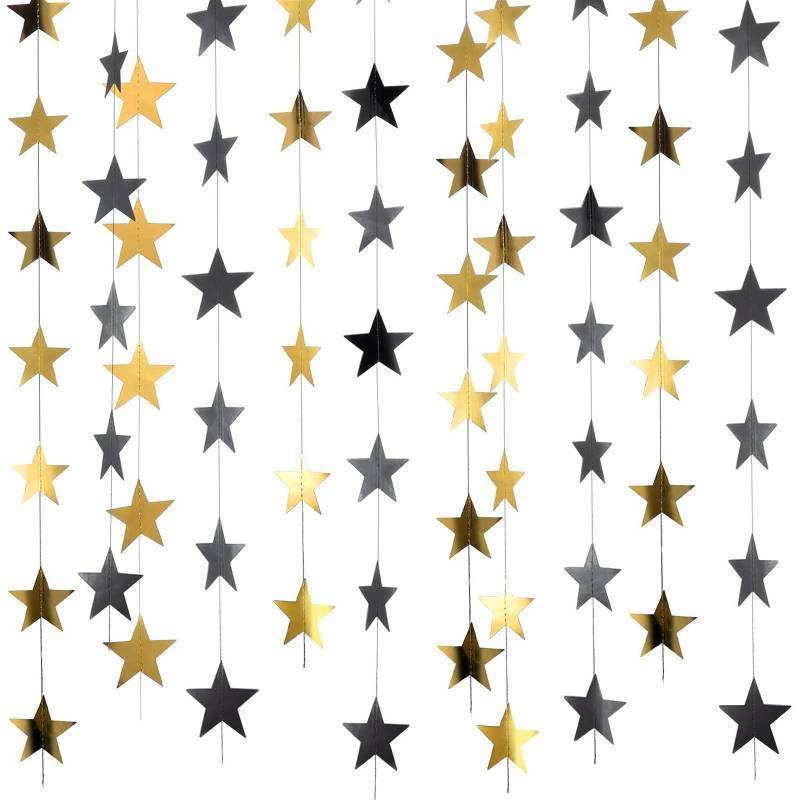 lot 2728 image: Patelai 130 Feet Glitter Star Garland Banner 2026 Party Decoration Double Side Star Hanging String Streamer Paper Twinkle for Graduation Wedding Birthday (Gold and Black) - Retail $13