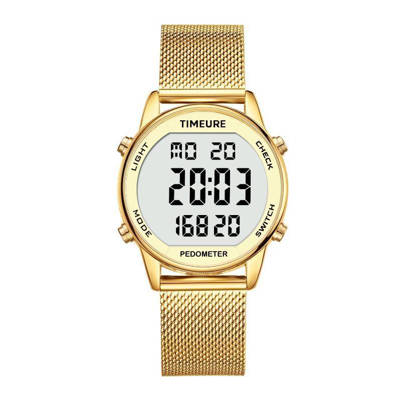 lot 2775 image: TIMEURE Womens Step Counter Watch with Stainless Steel Bracelet, Stylish Design, No App, No Charging Needed for Step, Calorie, Distance, Alarm, Countdown Timer TU-2401(Gold) - Retail $33