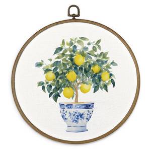 lot 3103 image: MAQIKA Lemon Framed Wall Art Decor, Lemon Wall Decor, Lemons Kitchen Decor, Blue and White Round Wall Hanging Decor, lemons Canvas Prints Wall Art for Farmhouse Kicthen Living Room, 10x10 Inch - Retail $14
